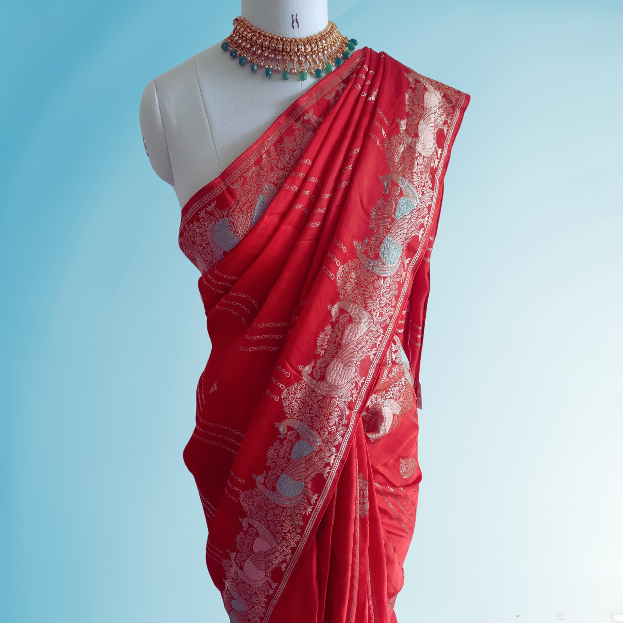 Banarasi Satin Mashru Silk Saree in peacock meenakari zari motifs - Kalyanam By Swati