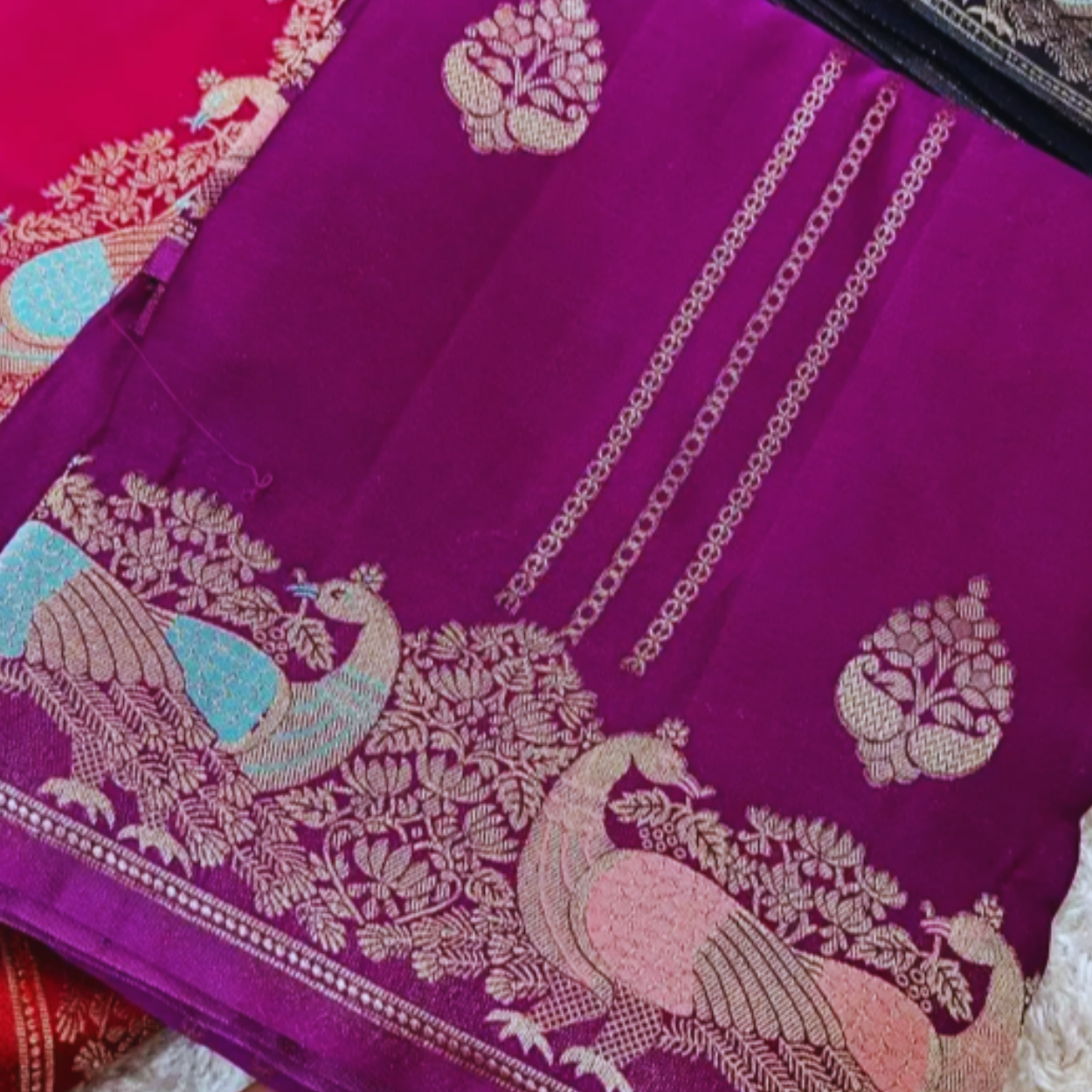 Banarasi Satin Mashru Silk Saree in peacock meenakari zari motifs - Kalyanam By Swati