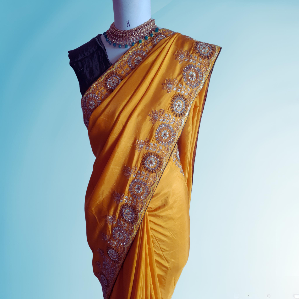 Pure Crepe Satin Silk Saree in Yellow color with heavy handwork - Kalyanam By Swati