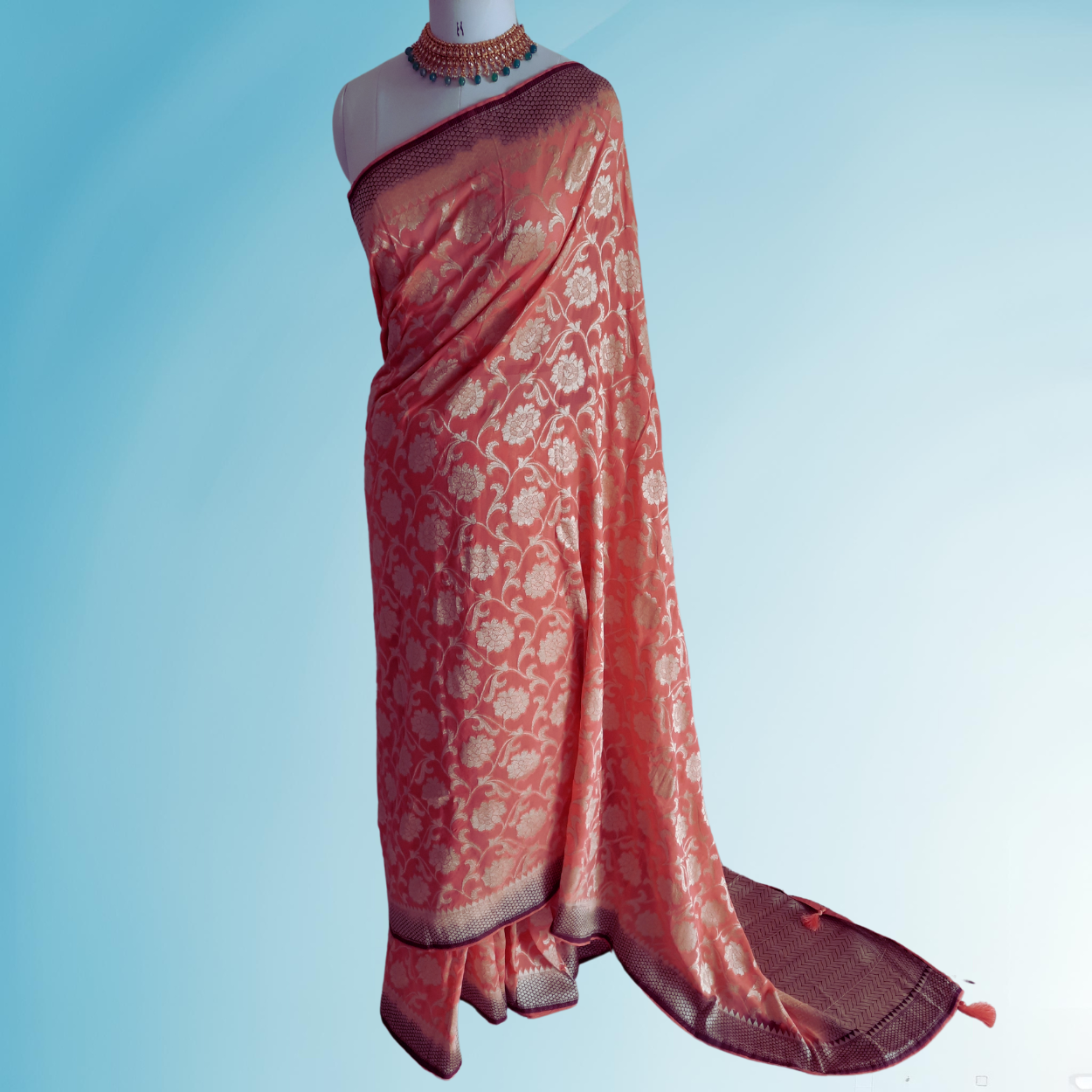 Pure Banarasi Georgette Saree in peach color - Kalyanam By Swati