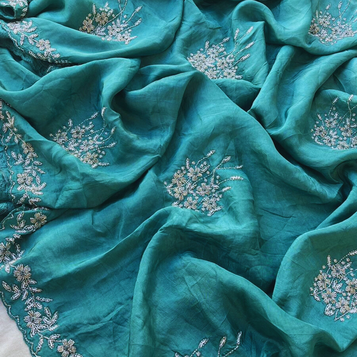 Pure banarasi munga silk saree in all over cutdana and pearls handwork - Kalyanam By Swati