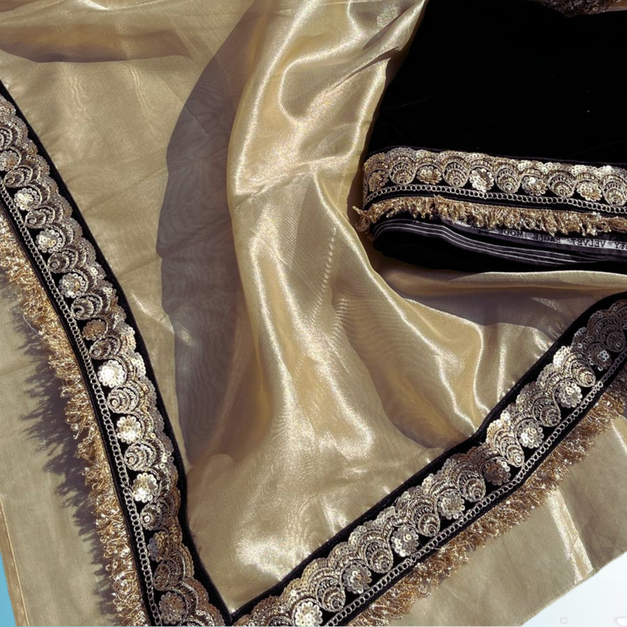 Tissue Silk Saree in handmade lace border paired with velvet blouse - Kalyanam By Swati