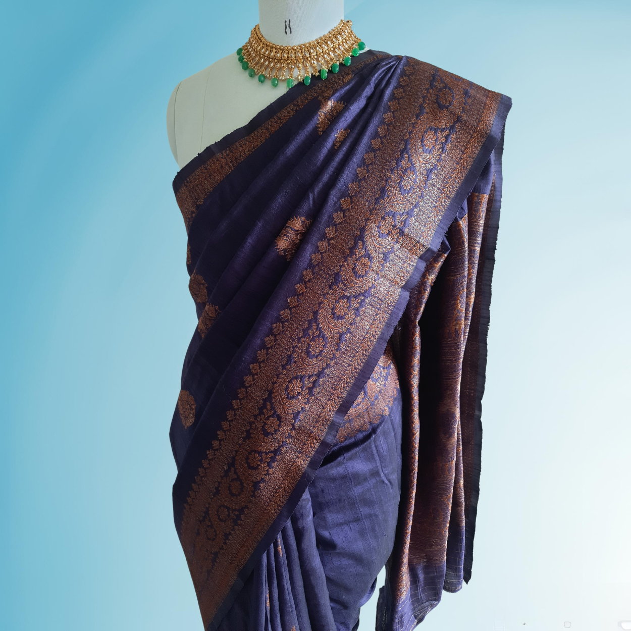 Silkmark certified Pure Banrasi Raw Silk Tussar Saree in Antique zari weaving - Kalyanam By Swati