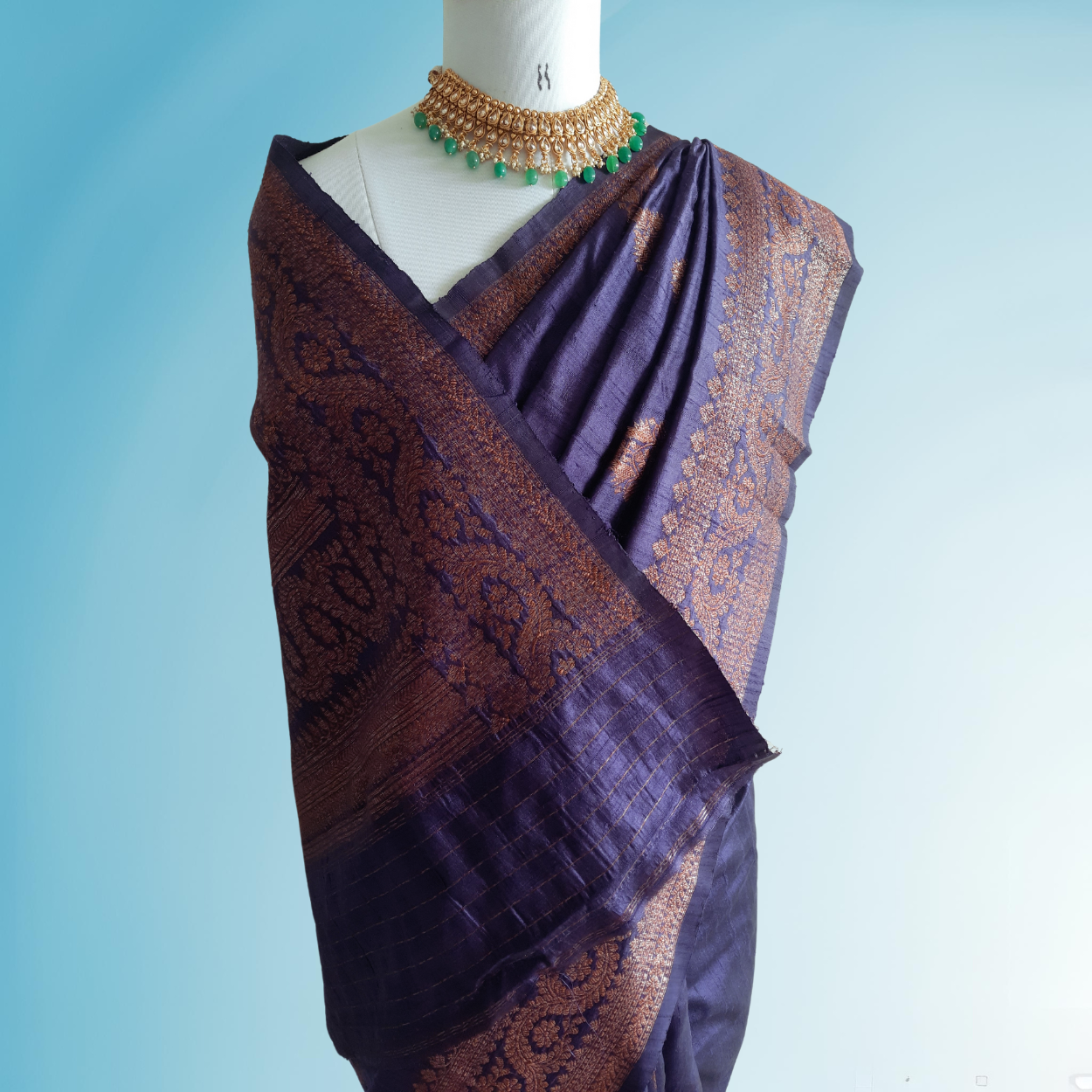 Silkmark certified Pure Banrasi Raw Silk Tussar Saree in Antique zari weaving - Kalyanam By Swati