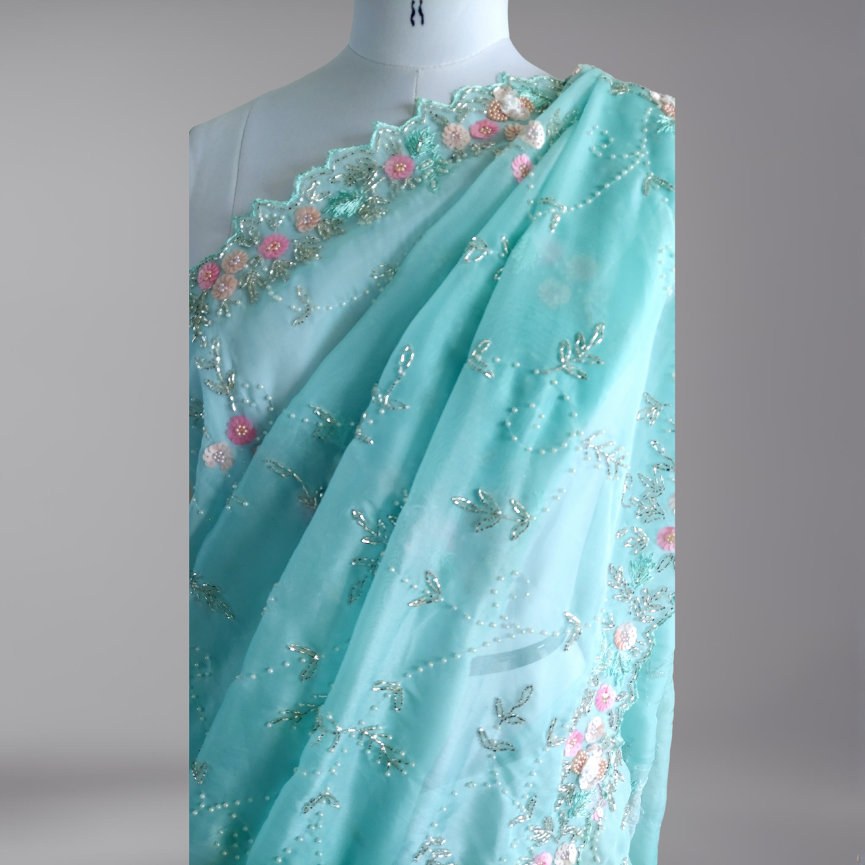 Pastel Sea Blue Party Wear Pure Organza Saree - Kalyanam By Swati