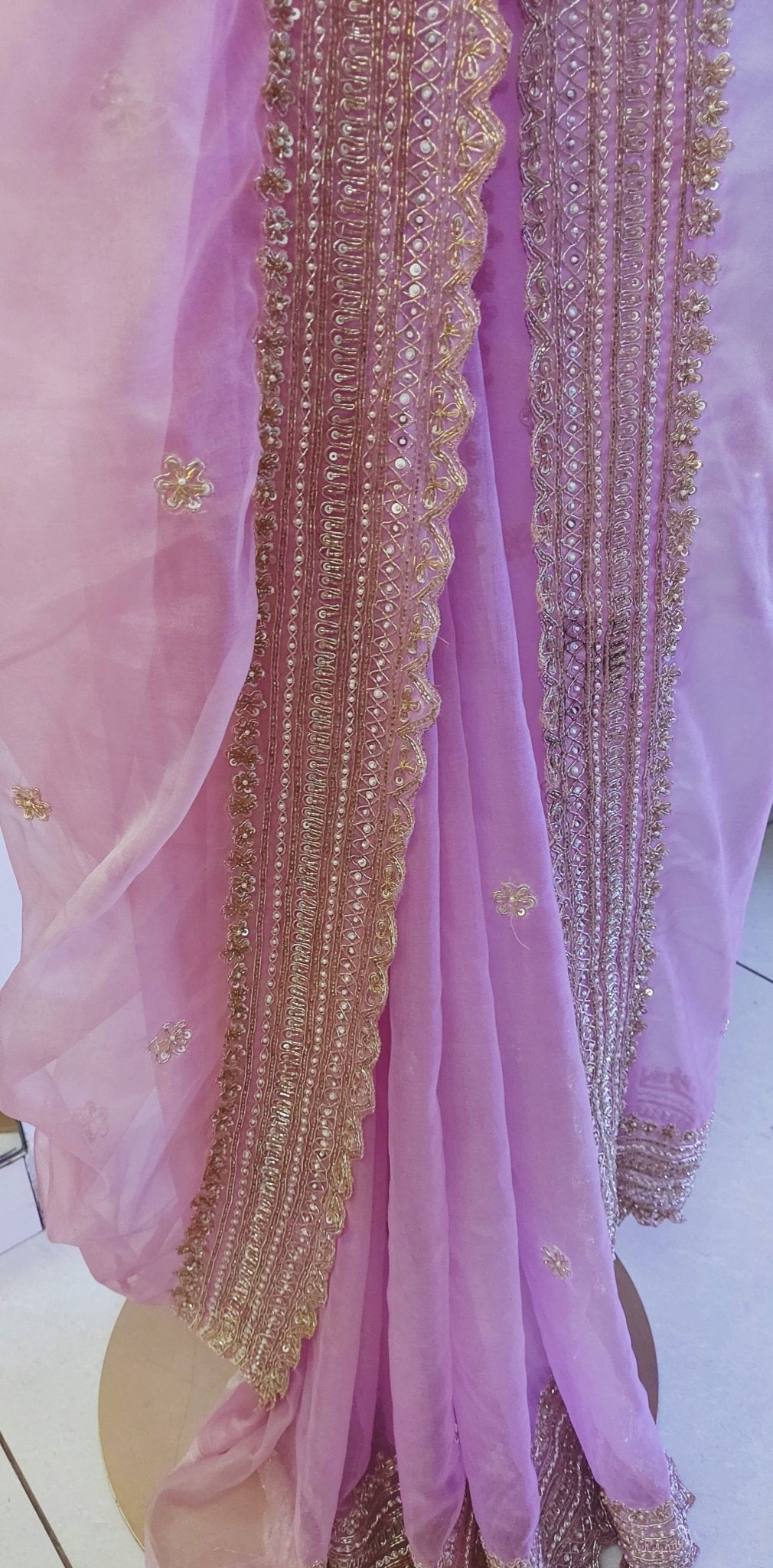 Pure Organza Saree in heavy zardozi handwork in lavender color (Not viscose organza) - Kalyanam By Swati