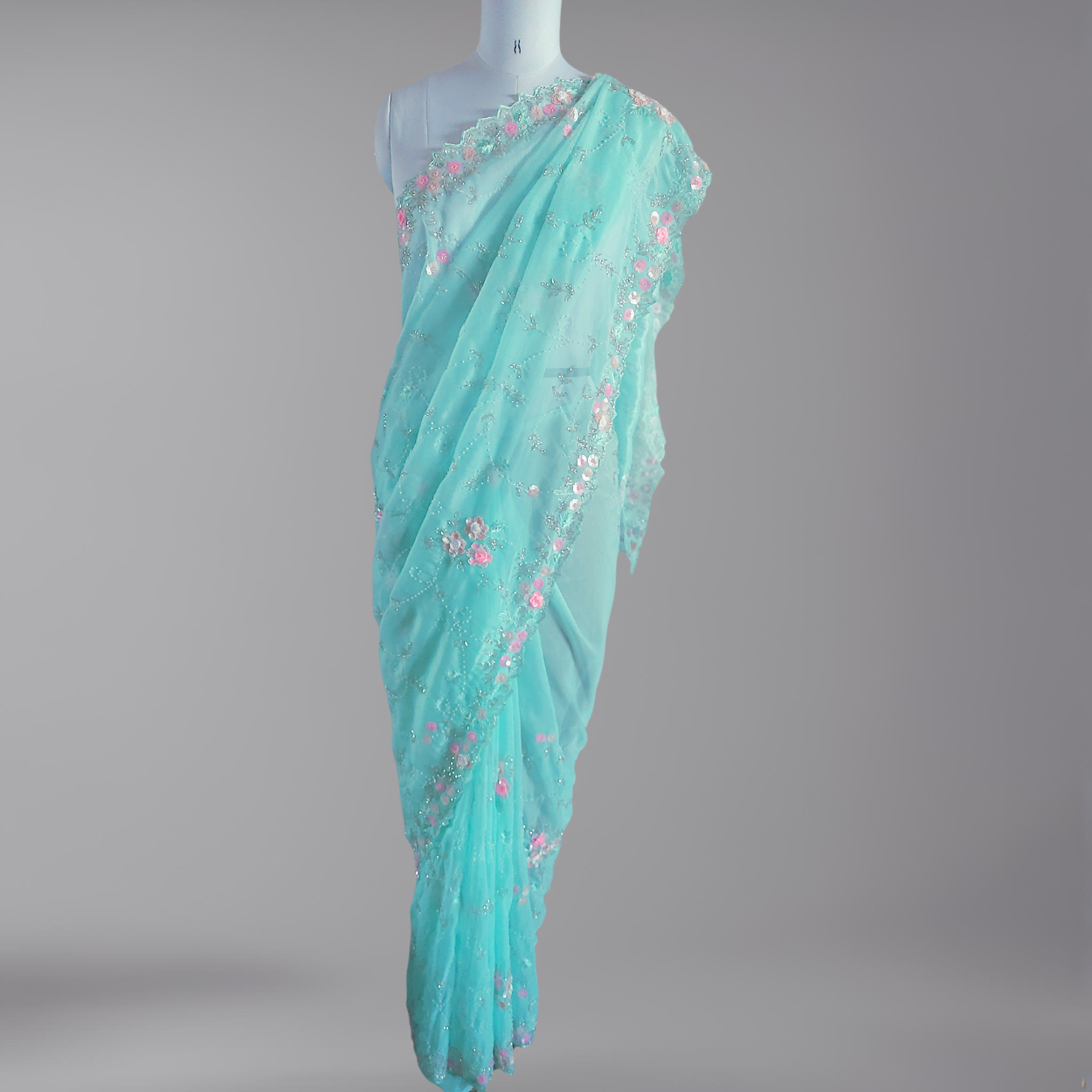 Pastel Sea Blue Party Wear Pure Organza Saree - Kalyanam By Swati